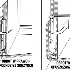 Instrukcja regulacji okien: obrót kluczem w prawo podnosi skrzydło, w lewo opuszcza.