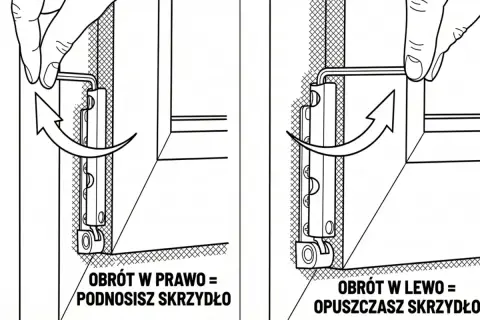 Instrukcja regulacji okien: obrót kluczem w prawo podnosi skrzydło, w lewo opuszcza.
