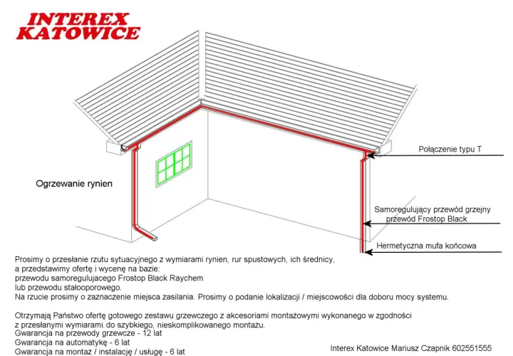 Schemat ogrzewania rynien. Jak obliczyć powierzchnię dachu? Potrzebne są wymiary rynien i rur spustowych.