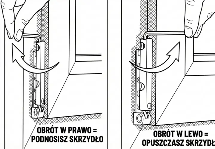Instrukcja regulacji okien: obrót kluczem w prawo podnosi skrzydło, w lewo opuszcza.