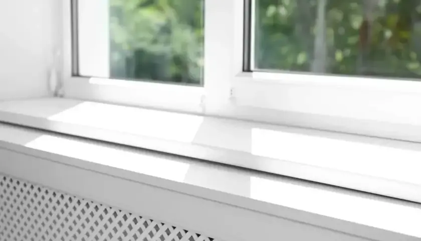 Biały parapet zewnętrzny z widocznym uszczelnieniem, chroniący przed warunkami atmosferycznymi.