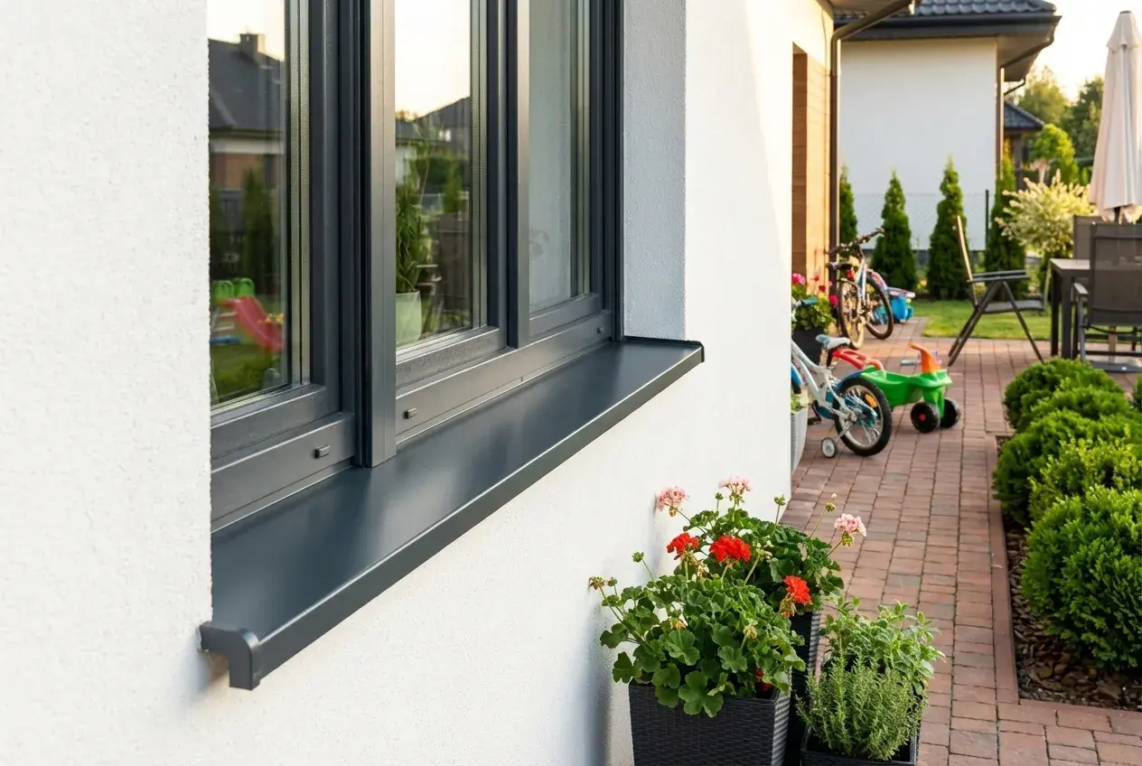 Eleganckie parapety zewnętrzne aluminiowe podkreślają nowoczesny wygląd domu. W tle plac zabaw i rowery.