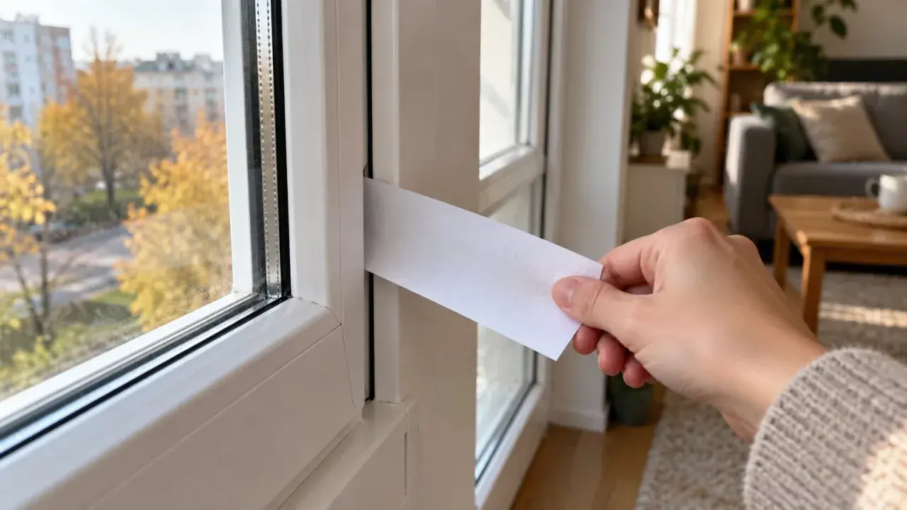 Pasek papieru przytrzaśnięty między skrzydłem a ramą białego okna