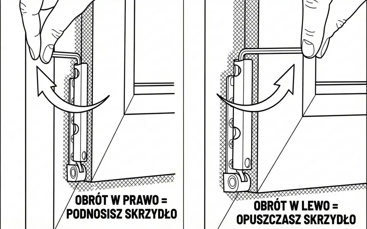 Instrukcja regulacji okien: obrót kluczem w prawo podnosi skrzydło, w lewo opuszcza.