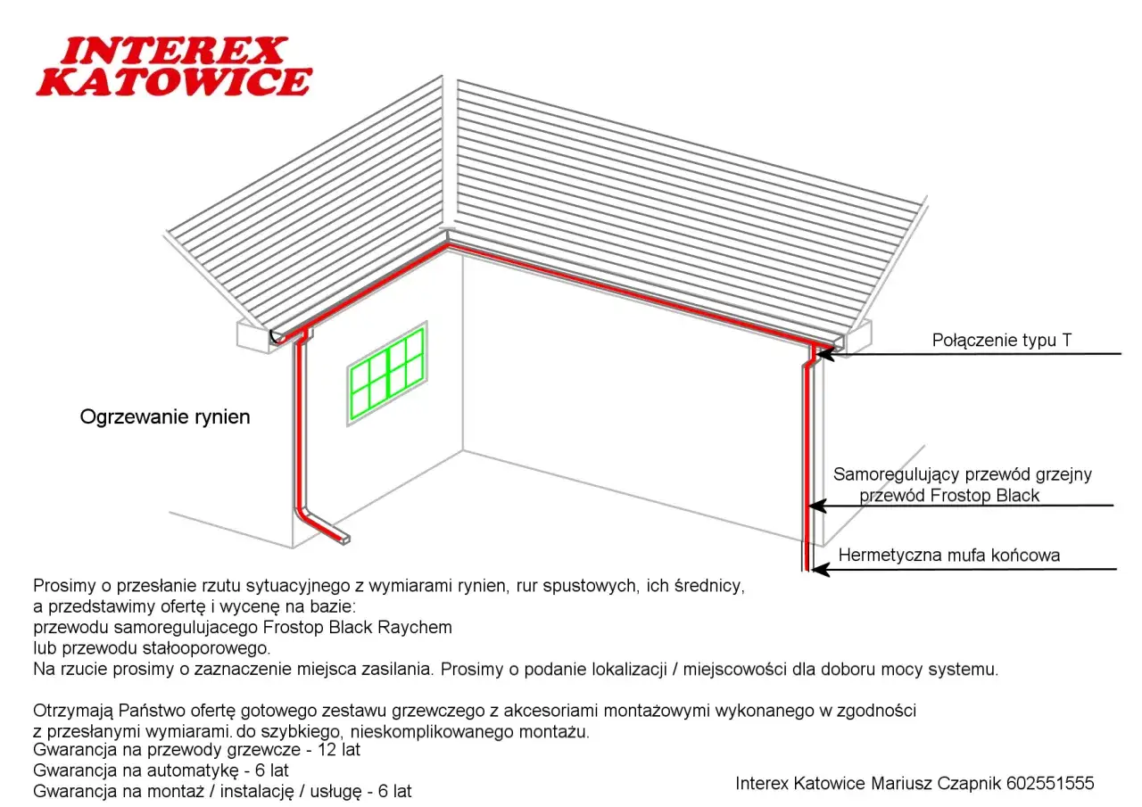 Schemat instalacji ogrzewania rynien i rur spustowych. Samoregulujący przew&oacute;d grzejny Frostop Black chroni przed mrozem.