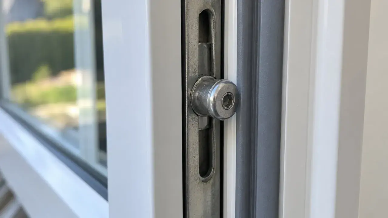 Metalowy bolec ryglujący na krawędzi otwartego skrzydła białego okna obok szarej uszczelki